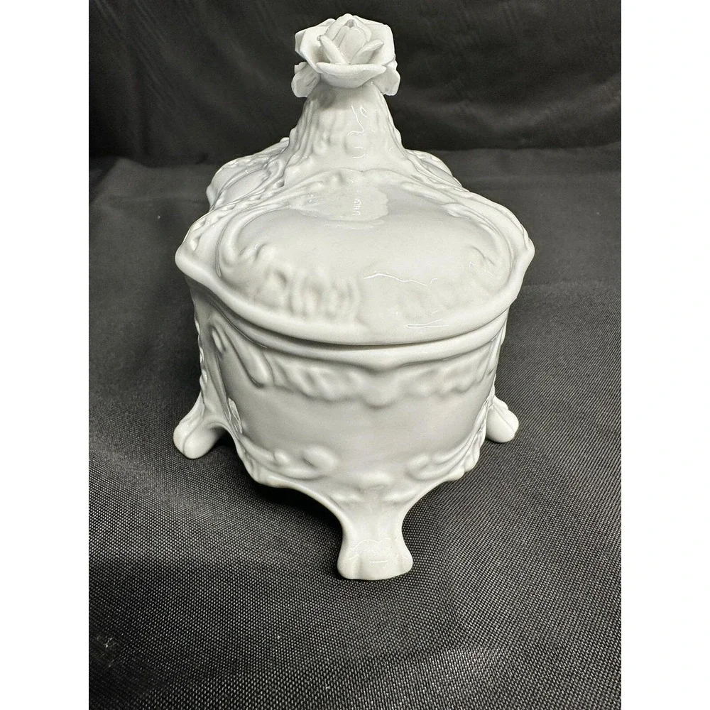 Lefton 60th Anniversary Legacy White Porcelain Rose Lattice Footed Trinket Box
